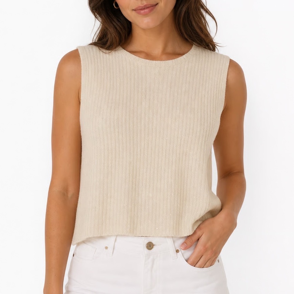 Like Love Ivory Ribbed Sequin Knit Sleeveless Top Small